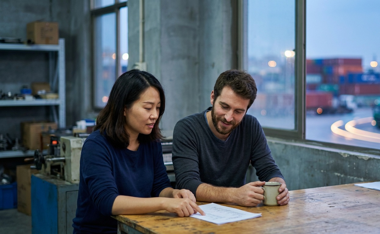 Quality control inspector reviewing manufacturing specifications in modern Chinese factory facility